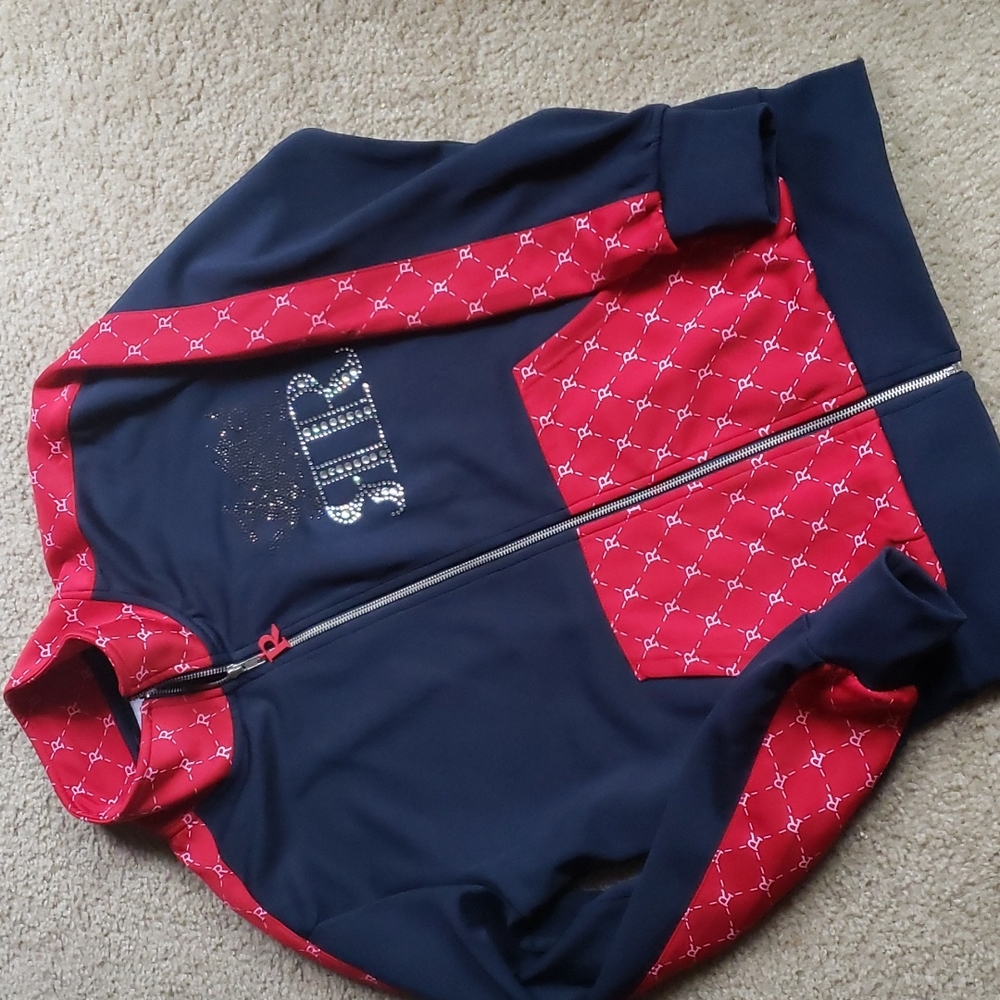 Reasons: Very fashionable BLING men's size small jacket Navy blue and red.